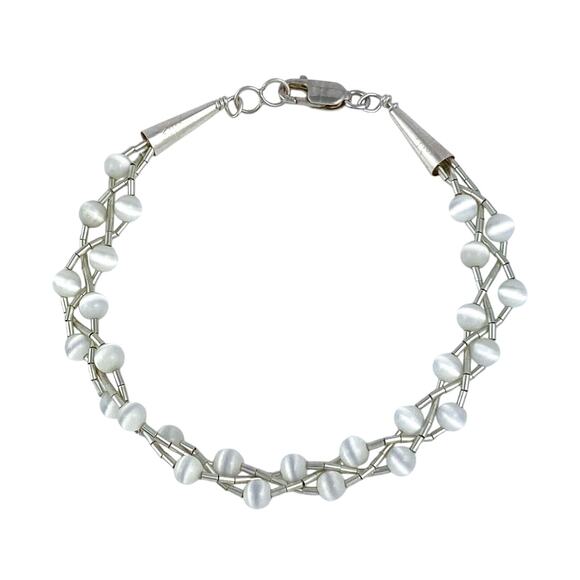 Braided White Synthetic Cat's Eye Bracelet | Sterling Liquid Silver 925 | 7" - Picture 1 of 5